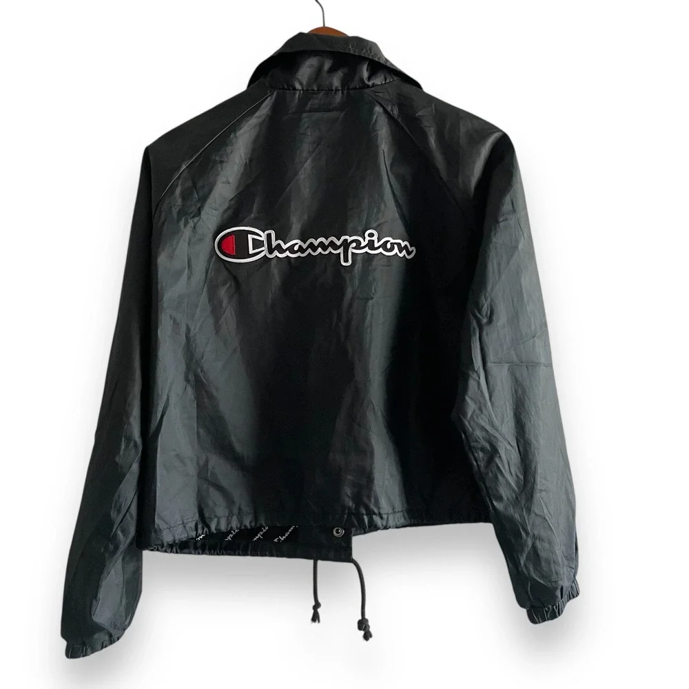 Champion Jacket Women's Black Big C Spellout Snap Front Cropped‎ Windbreaker
